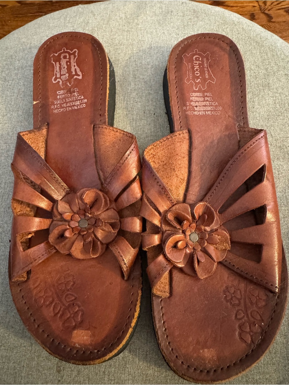 Chico's Rustic Brown Leather Flower Slide Mules